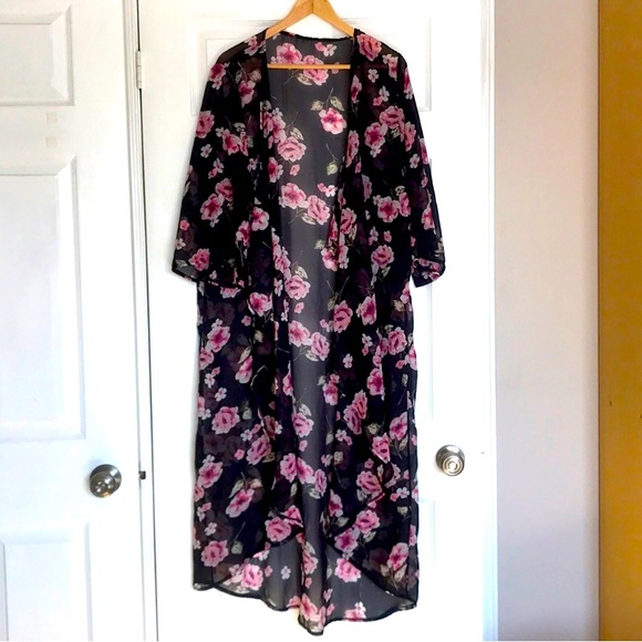 Sheer Floral Waterfall Hem Bell Sleeve Kimono - Picture 1 of 4